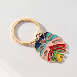 Colorful Monstera Leaf Enamel Keychain Gold Tone Ring Tropical‎ Boho